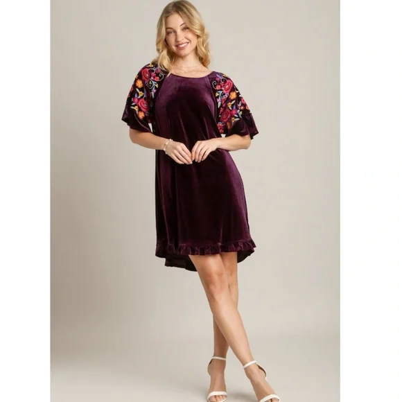Umgee Purple Velvet Dress with Floral Embroidery - Picture 2 of 4